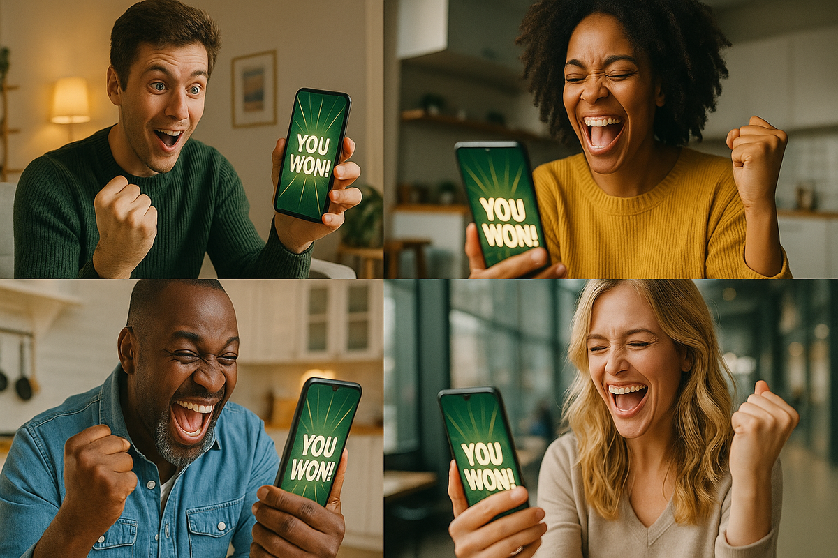 Four people bursting with joy as they check their phones, each screen showing 'YOU WON!' — an explosion of shared excitement and disbelief.