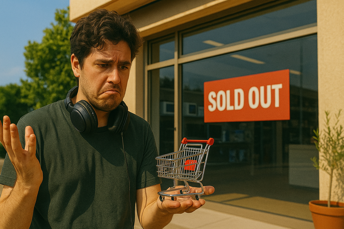 A confused man holding a tiny shopping cart in front of a "SOLD OUT" store sign, looking disappointed about missing out on a product release.
