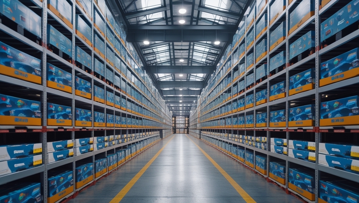 A massive warehouse filled with blue product boxes, hinting at potential Switch 2 stockpiles. Hope or illusion?