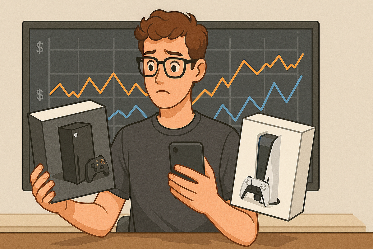 A confused young man comparing two game consoles while checking prices on his phone, symbolizing buyer's dilemma in a volatile market.