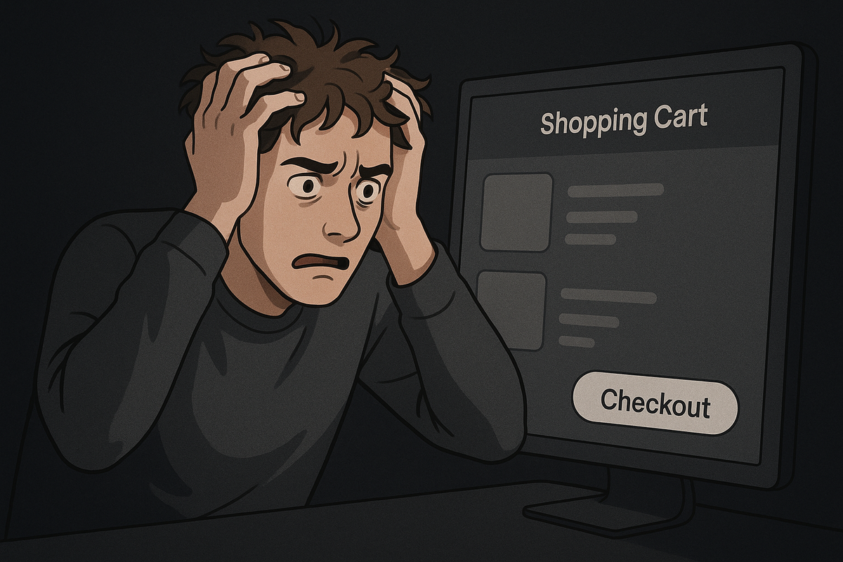 A stressed man holding his head in front of a checkout screen, overwhelmed by the pressure to complete an online purchase