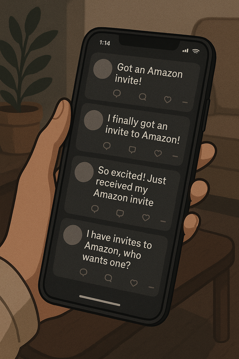 Smartphone screen showing multiple tweets about Amazon invite confirmations, reflecting user interest and activity online