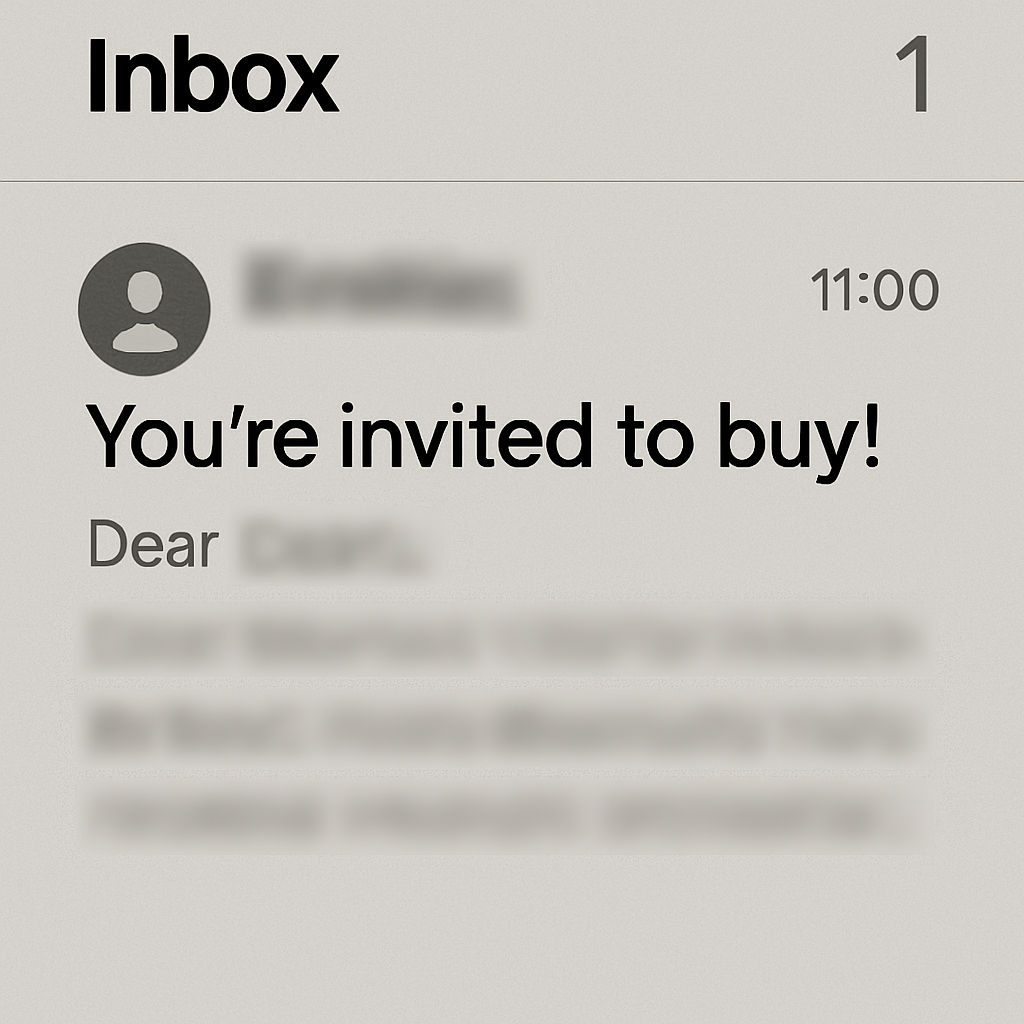 Close-up of an inbox showing a highlighted email with the subject line 'You're invited to buy!' — the thrilling moment of receiving an exclusive Amazon invitation.