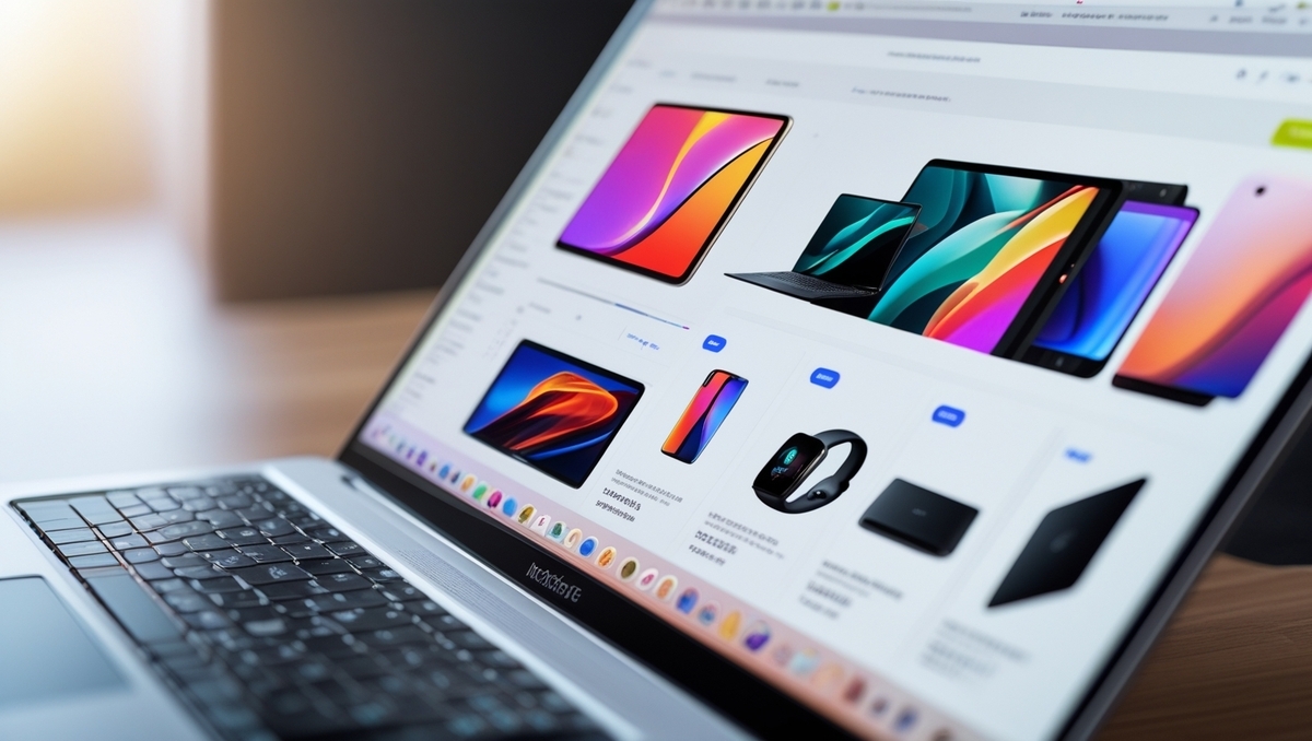 Modern e-commerce interface displaying a vibrant selection of tech gadgets on a sleek laptop screen — sparking excitement for new tech releases and comparisons.