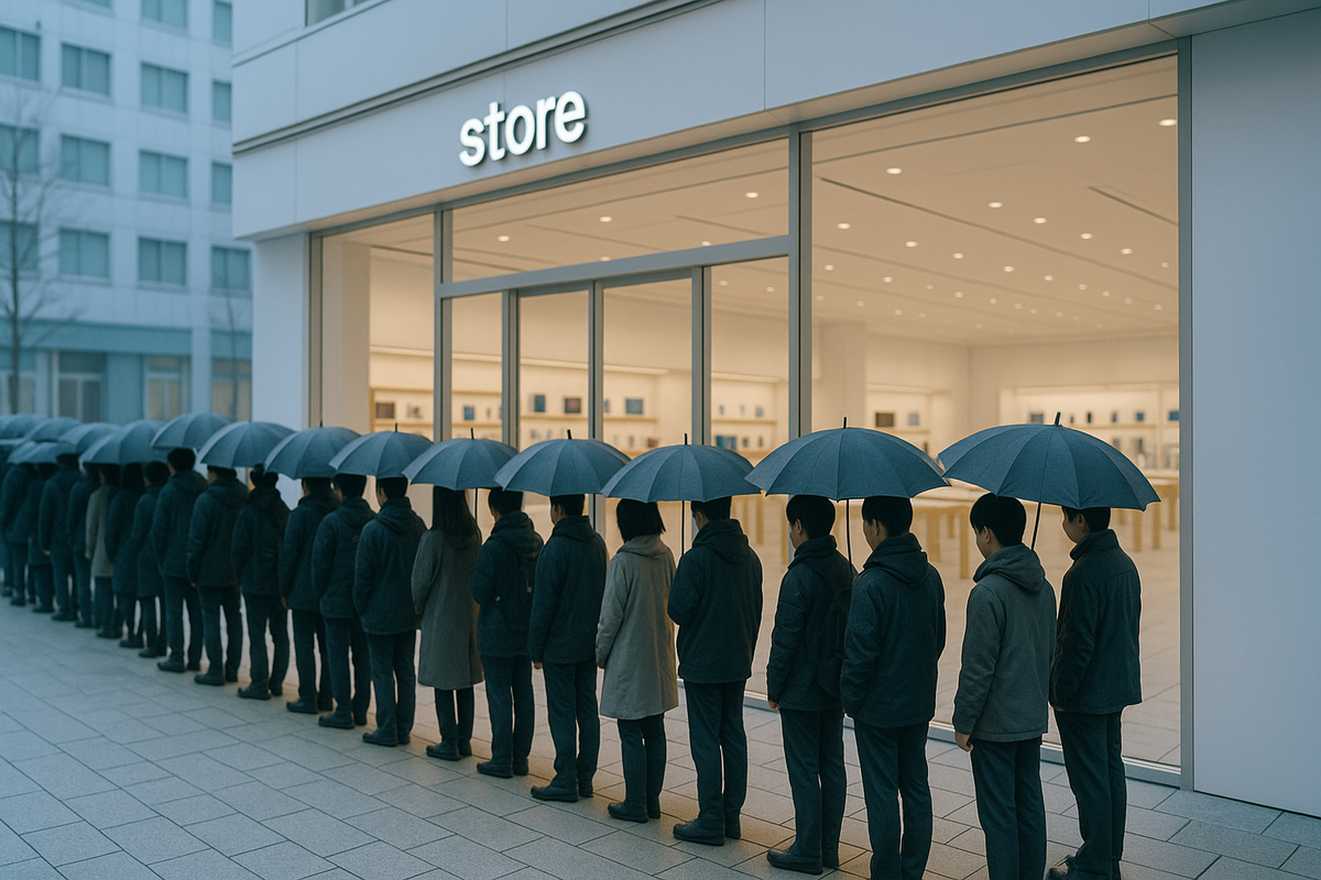 People silently lining up in the rain outside a modern tech store, filled with anticipation and urgency — the calm before the product launch frenzy.