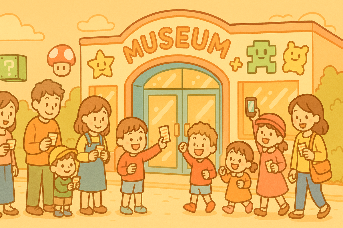A cheerful group of families and children standing in line outside a colorful video game-themed museum, holding winning tickets with excitement and joy, capturing the thrill of beating the tough admission odds.