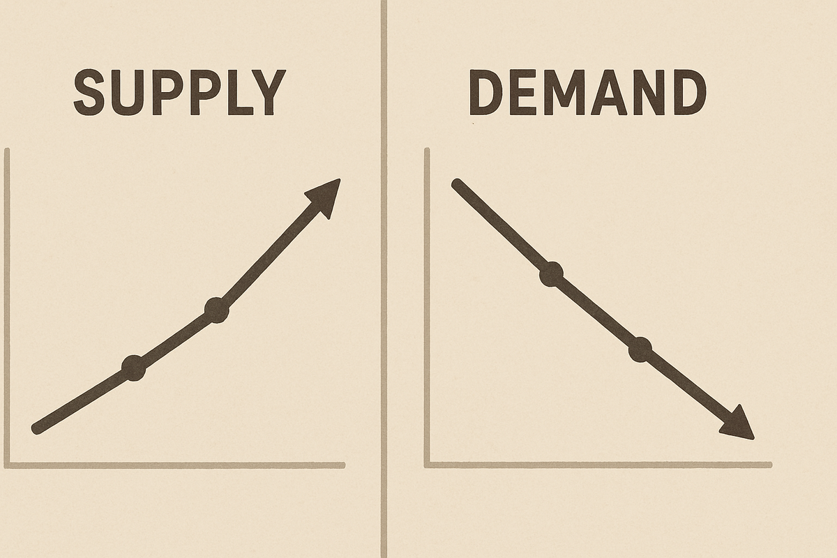 A stylized supply and demand graph showing rising supply and declining demand, reflecting shifting odds in a competitive lottery scenario.