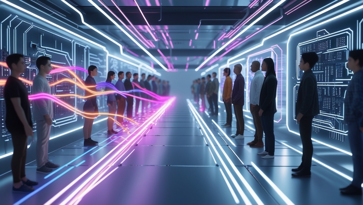 A futuristic digital lottery scene with glowing pink streams and people lined up, representing fierce competition and anticipation in a high-demand environment.