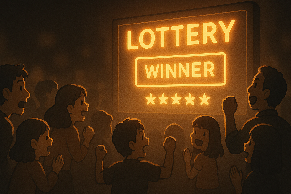 A joyful crowd reacts to a glowing 'WINNER' sign during a high-stakes lottery moment, filled with hope and envy