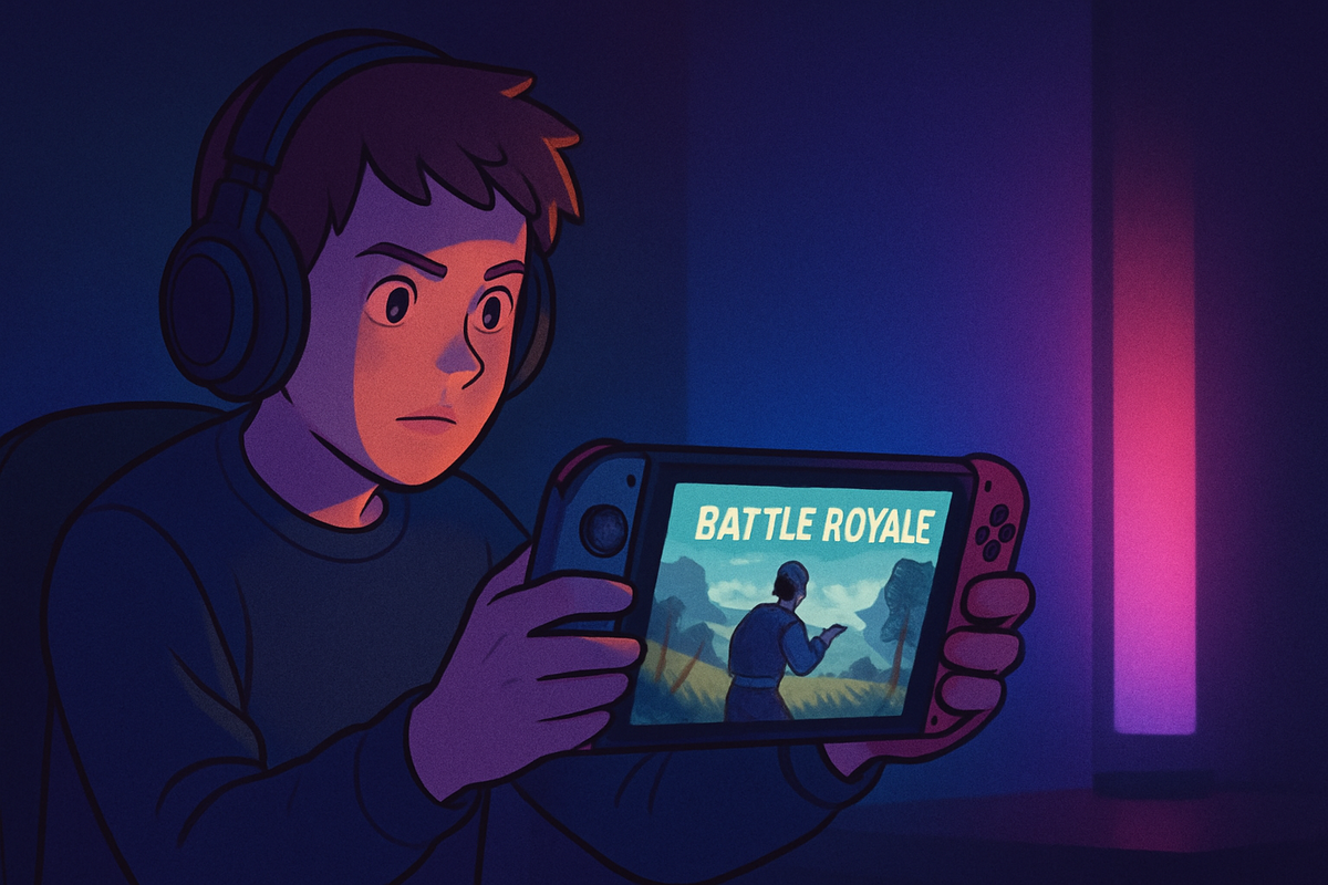 A determined gamer gripping a handheld console, eyes locked on the screen in a tense battle royale moment — the drive to win is real.