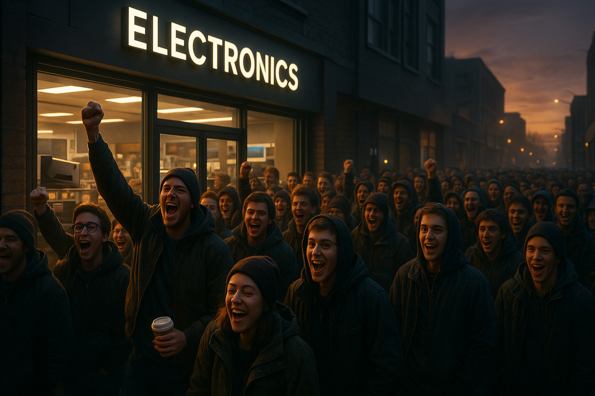 Hundreds of excited people in front of an electronics store at sunrise, united in anticipation for a limited product launch.