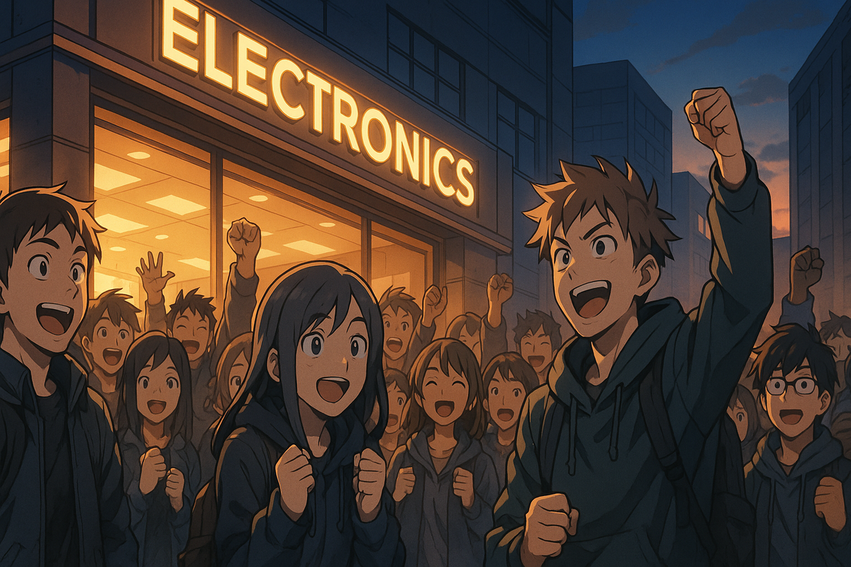 Anime-style crowd of young fans celebrating in front of an electronics store at dawn, fists raised in joy after a big win.