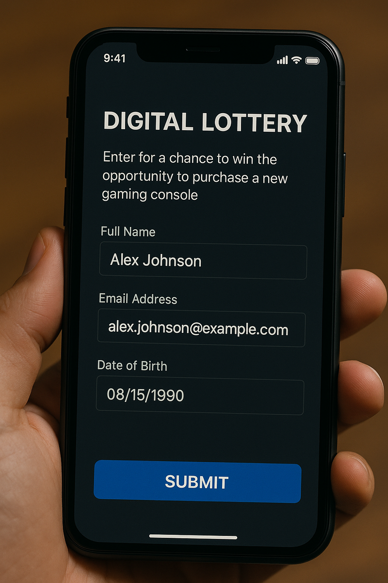Close-up of a hand holding a smartphone with a completed digital lottery entry form for a new gaming console — anticipation before hitting submit.