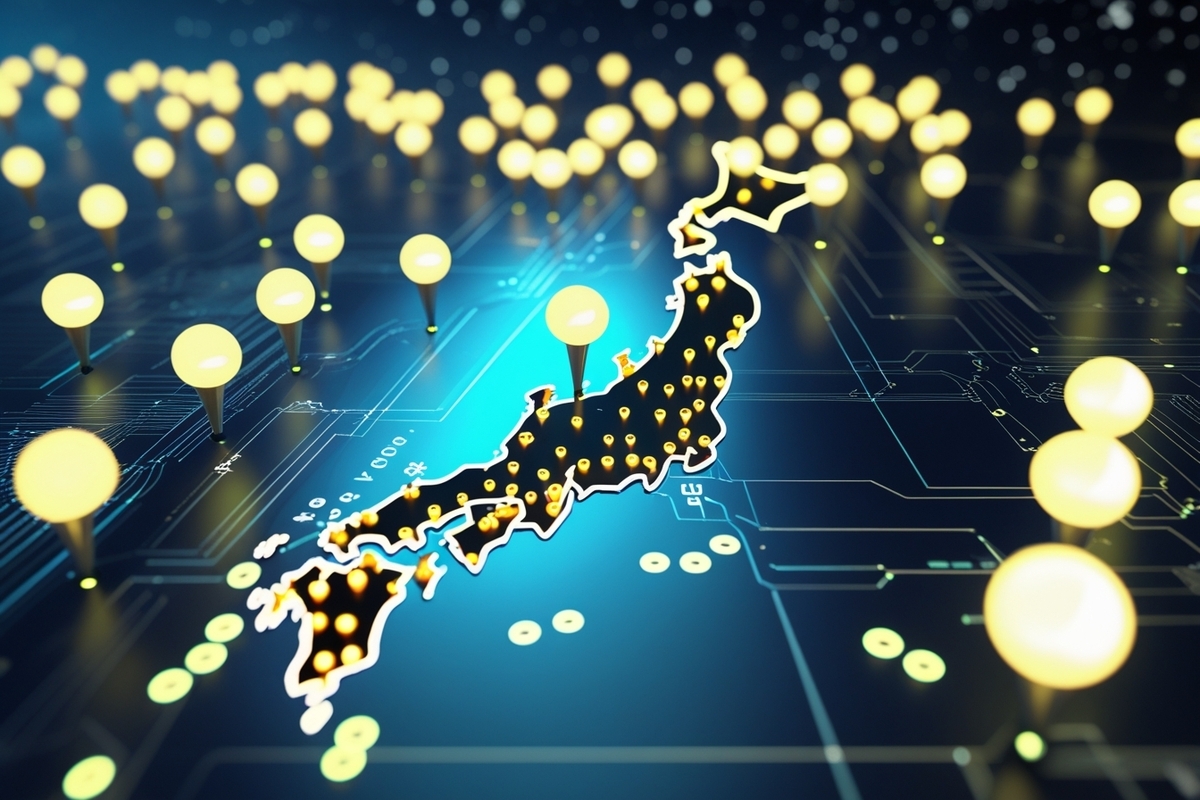 Japan map illuminated with glowing location pins, symbolizing widespread hope for buying the new console in stores nationwide. A sense of anticipation and discovery fills the scene.