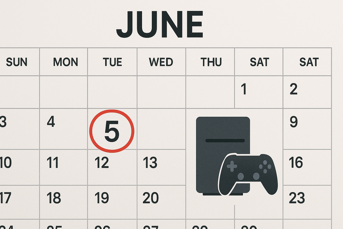 A calendar highlighting June 5th with a red circle and a game console icon, symbolizing the excitement and anticipation surrounding the launch day of a new gaming console in Japan.