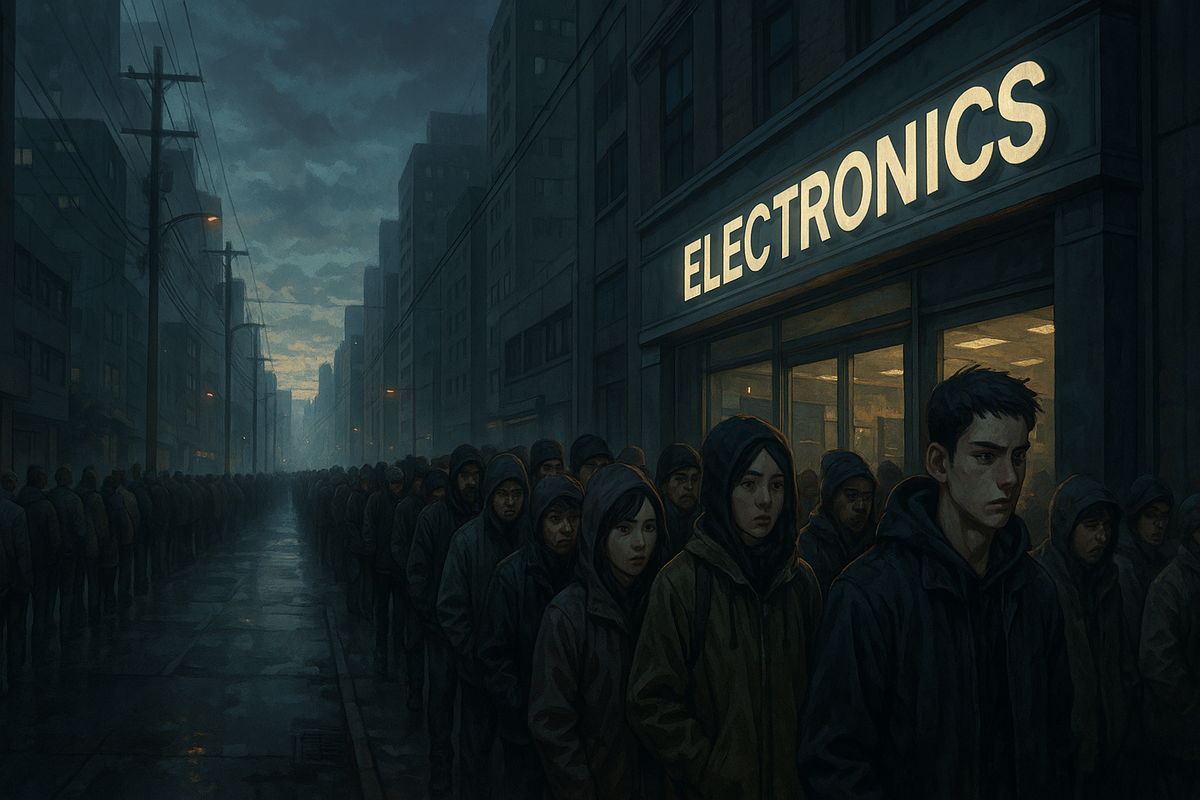 Hundreds of anxious people silently line up before dawn outside a store — eyes filled with tension, hope, and fear of missing out.