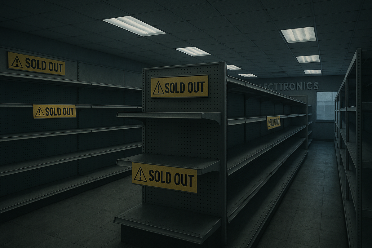 Empty electronics store shelves plastered with “Sold Out” signs, evoking panic and scarcity.