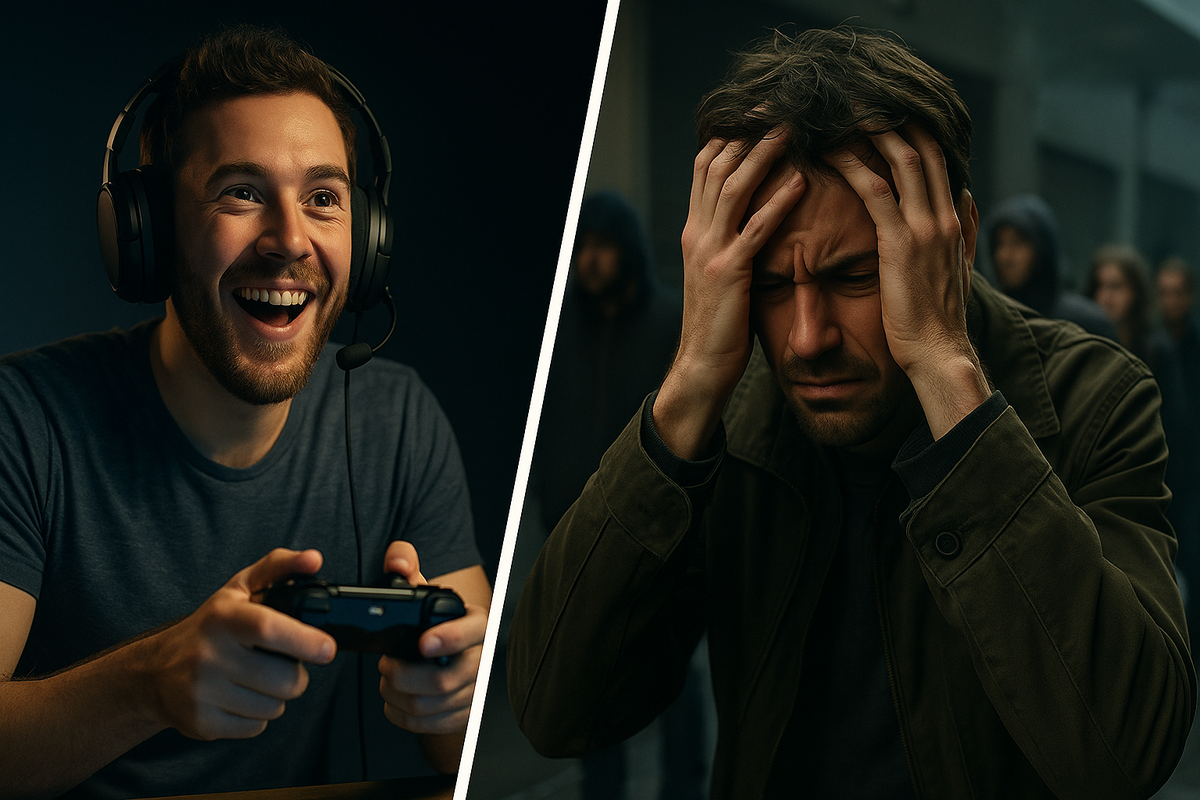 Side-by-side image: a joyful gamer enjoying a new console vs. a frustrated man in line with hands on head, capturing the emotional contrast of Switch 2 buying