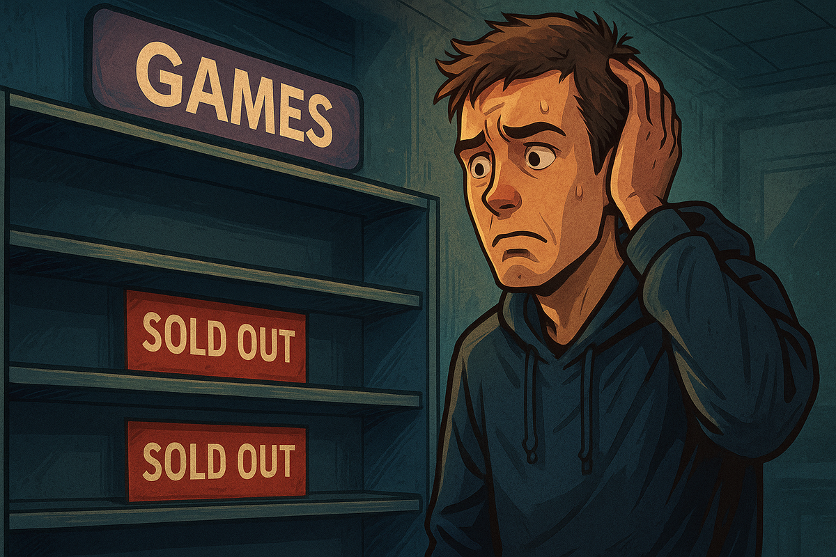 Shocked gamer in front of empty game store shelves with SOLD OUT signs, illustrating frustration and disappointment of failing to buy Switch 2 in-store.