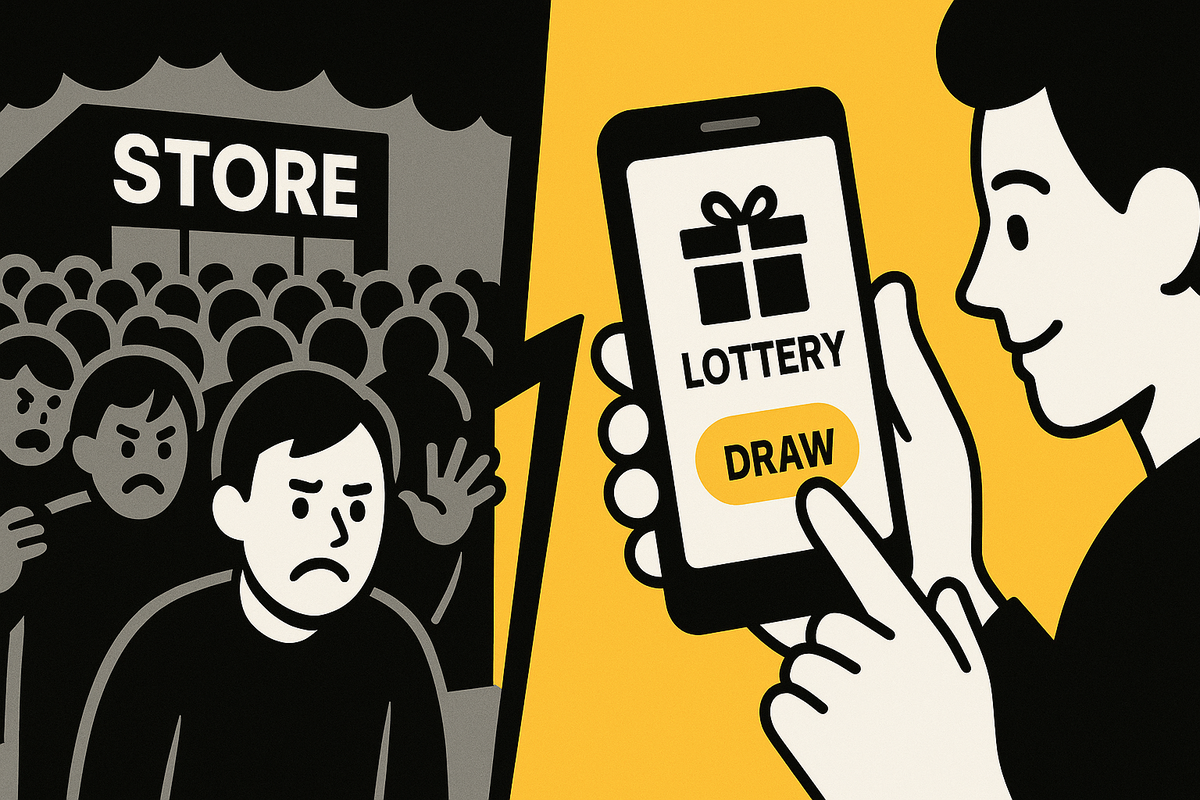 Crowds and disappointed faces at the store, while a smiling man enters a lottery on his phone — a new shopping experience free from chaos.