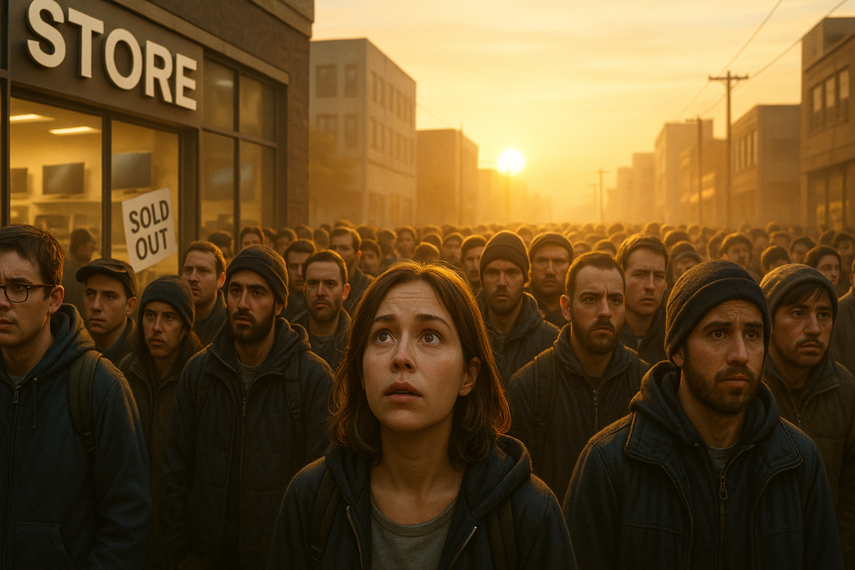 A disappointed young woman stands in front of a sold-out electronics store at dawn, surrounded by a silent crowd of hopeful buyers.