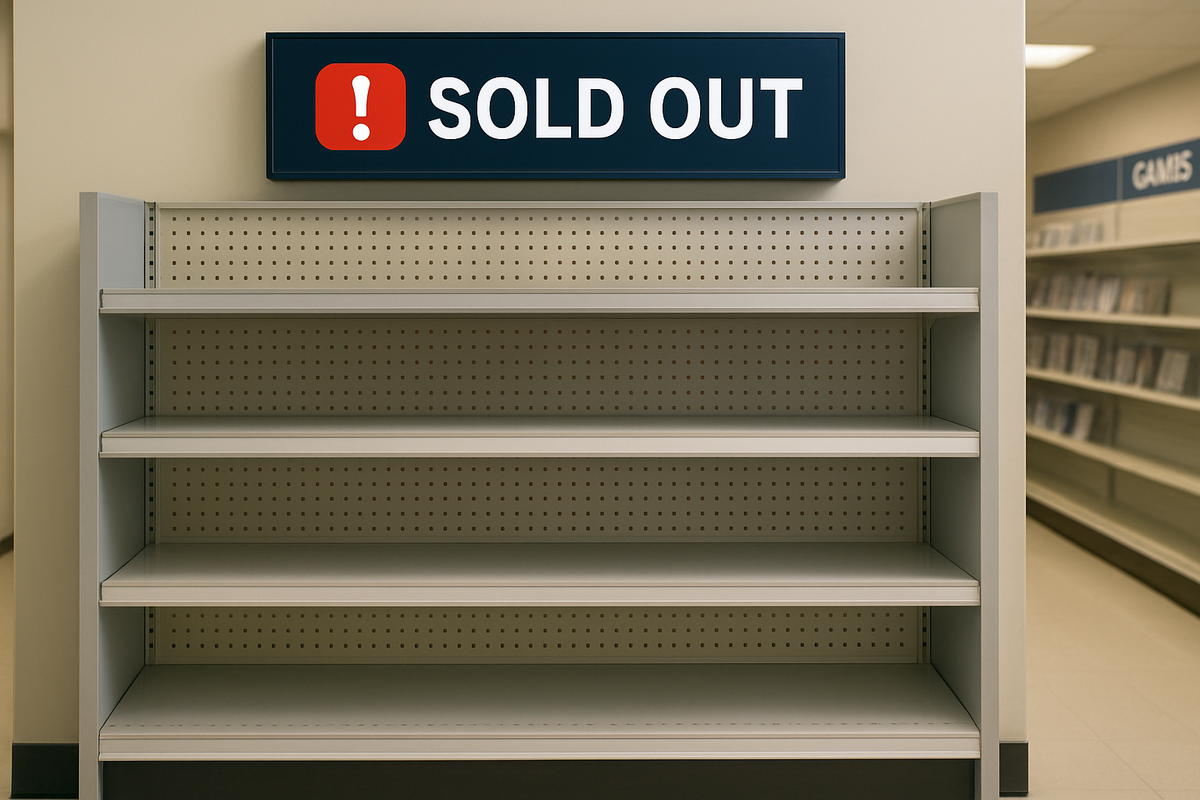 Empty store shelves with a prominent "SOLD OUT" sign and red warning icon, evoking urgency and disappointment over missing a high-demand tech product.