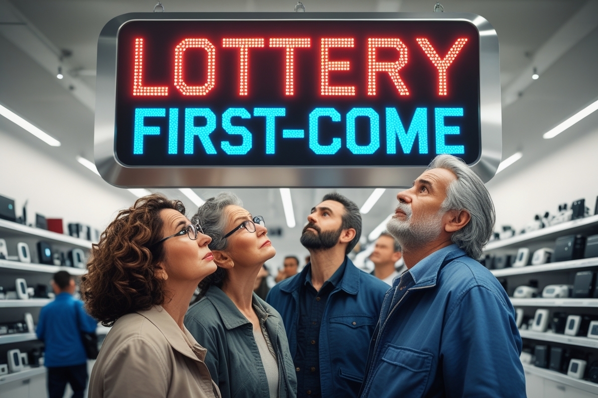 Shoppers anxiously looking up at a store display showing 'LOTTERY' and 'FIRST-COME', wondering which system applies on launch day