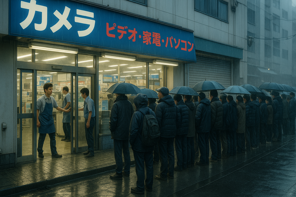 People lining up in the rain outside a Japanese electronics store, waiting for the chance to buy a new gaming console on launch day.