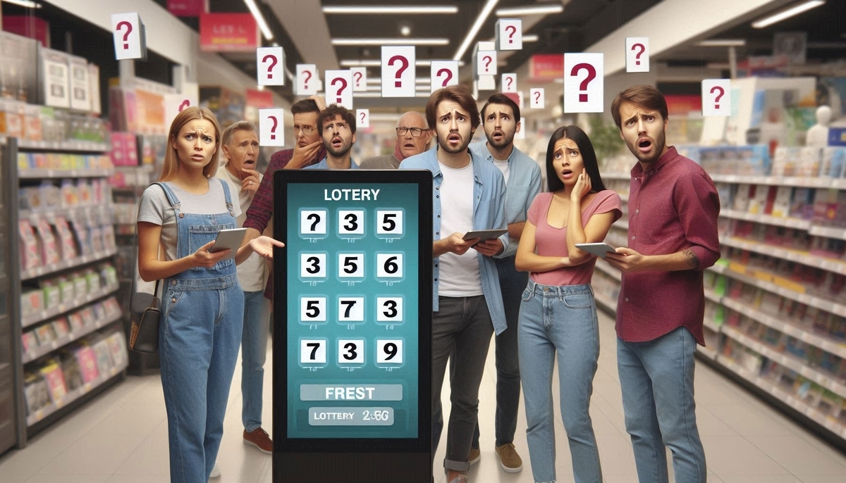 A group of confused and shocked people staring at a digital lottery screen in a store, surrounded by floating question marks.