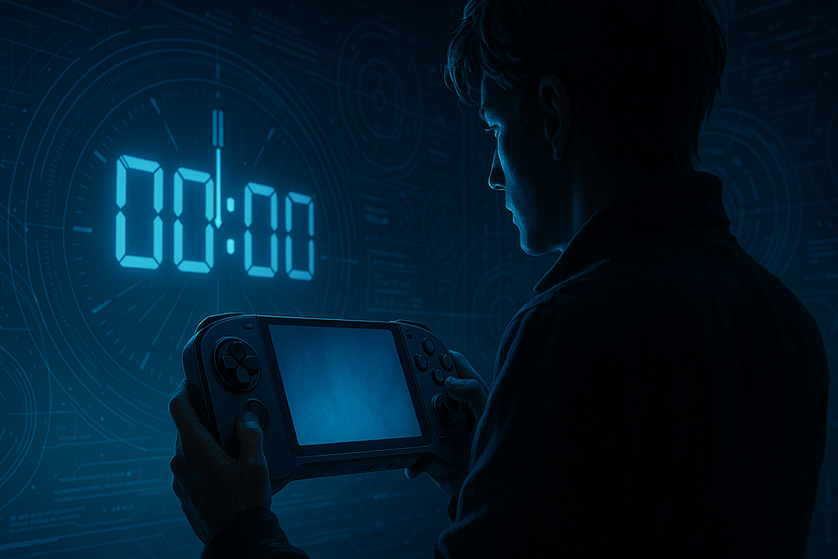 Gamer holding a futuristic handheld console as the clock hits midnight, ready for a digital game release