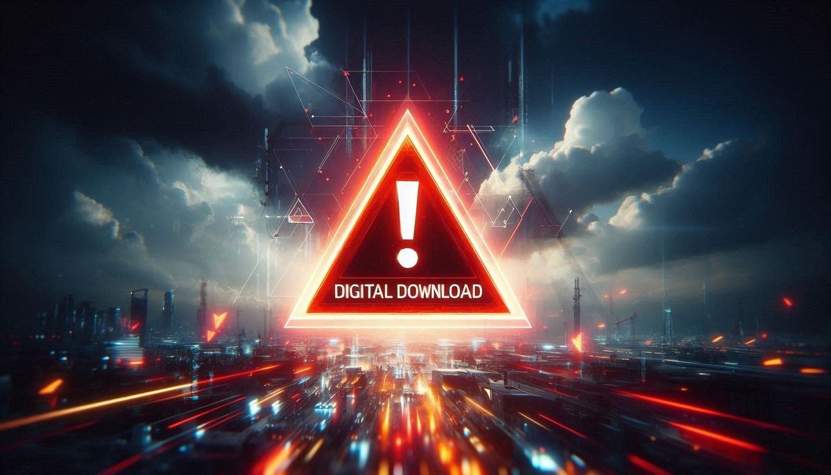 Urgent digital download warning sign glowing over a futuristic cityscape, evoking tension and anticipation