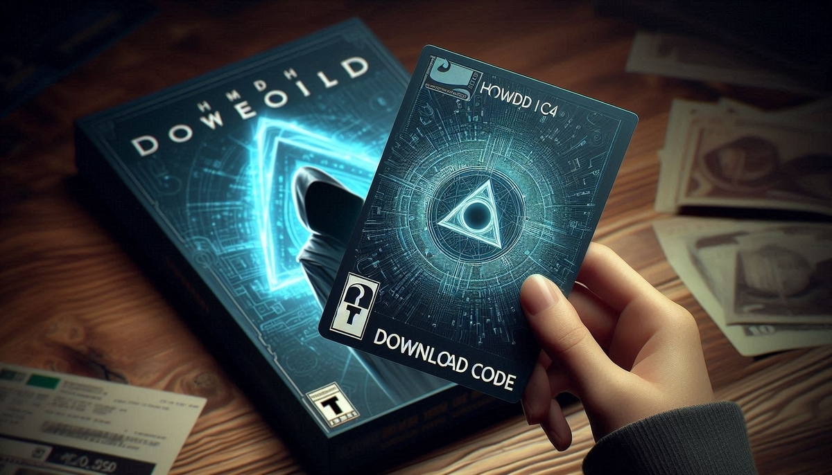 A mysterious hand holding a futuristic game download code card, suggesting a hidden trap inside a physical package