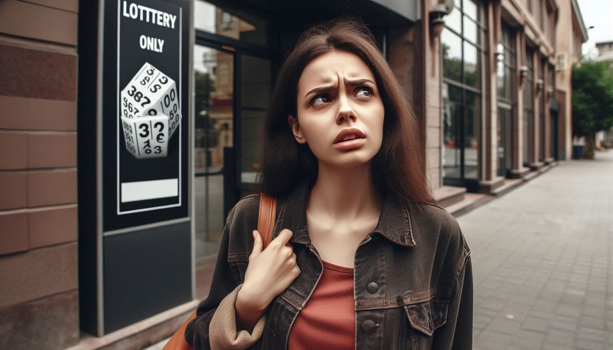 A surprised young woman looks confused in front of a store sign reading 'LOTTERY ONLY', realizing she can't buy the product directly"