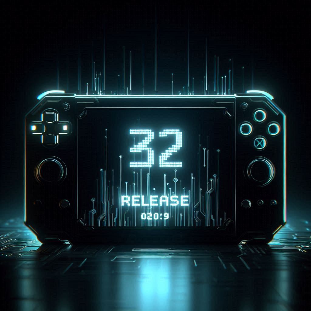 A futuristic handheld gaming device displaying a glowing countdown with the number 32, creating anticipation for an exciting release event.