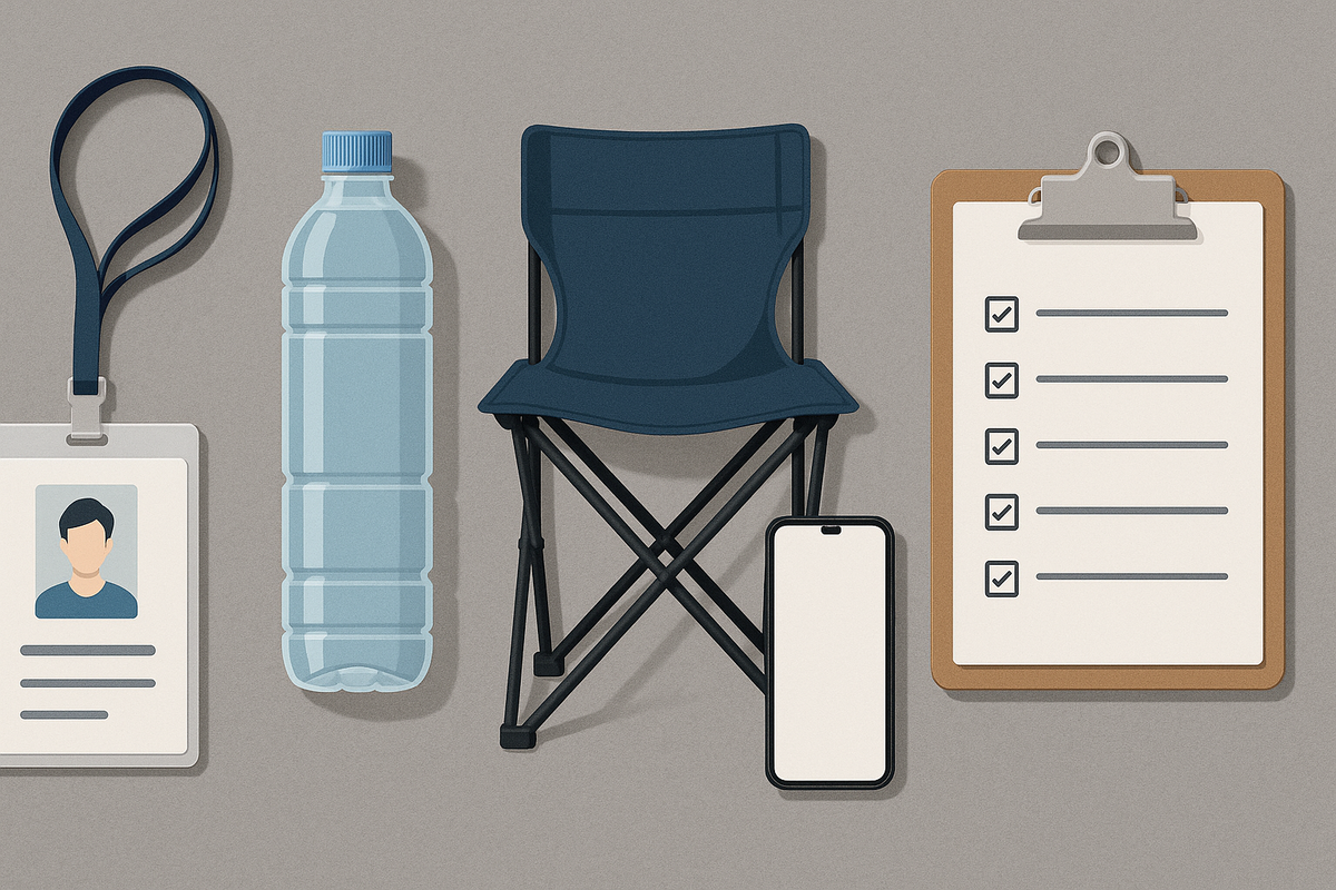Illustrated checklist essentials for waiting in line: ID badge, water bottle, folding chair, smartphone, and a clipboard — all perfectly laid out to avoid last-minute panic.