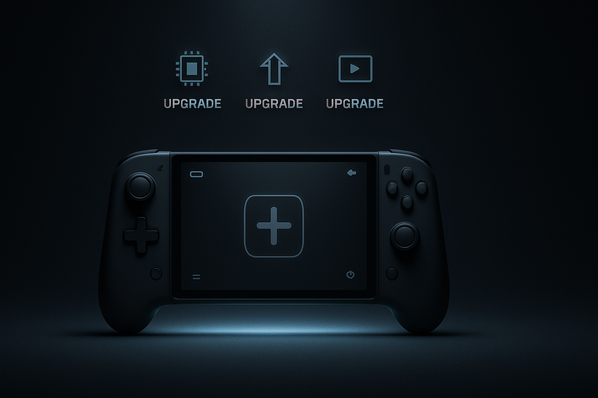Next-generation handheld gaming console with futuristic upgrades and enhanced interface icons under spotlight