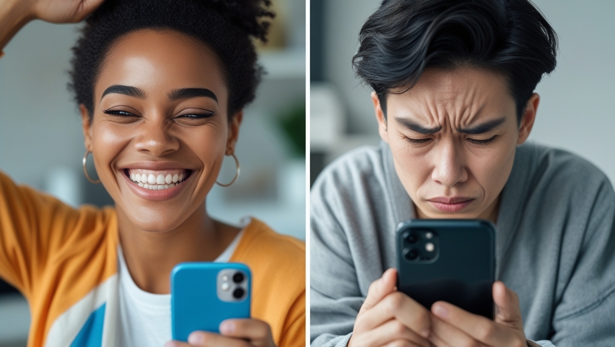 A woman smiling joyfully while looking at Instagram, contrasted with a man looking frustrated while using Twitter.