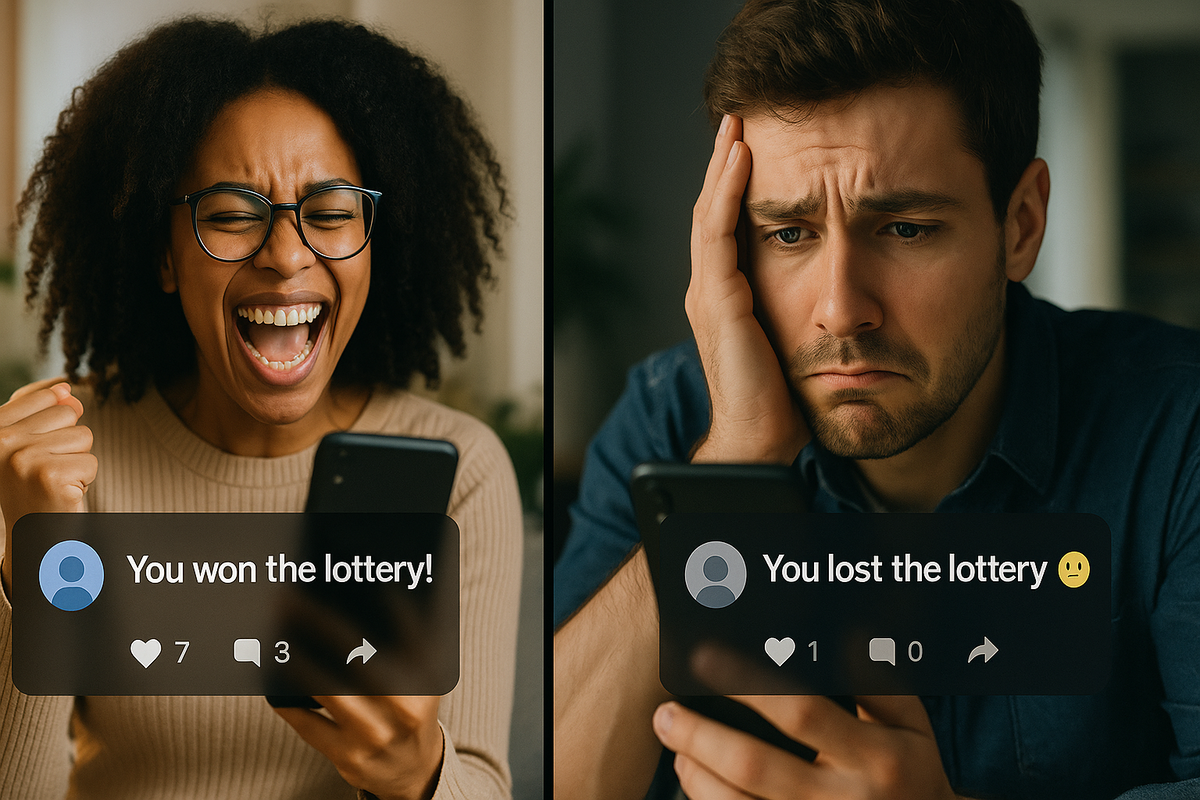 Split image of two people checking lottery results on smartphones — one excited to win, the other disappointed to lose. Represents the highs and lows of lottery or product drawing outcomes like Nintendo Switch 2.