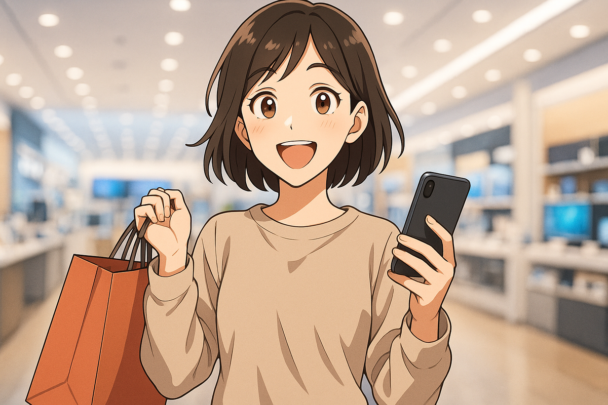 A cheerful anime-style girl holding a smartphone and a shopping bag in an electronics store — representing the happiness of getting a popular console without a lottery.