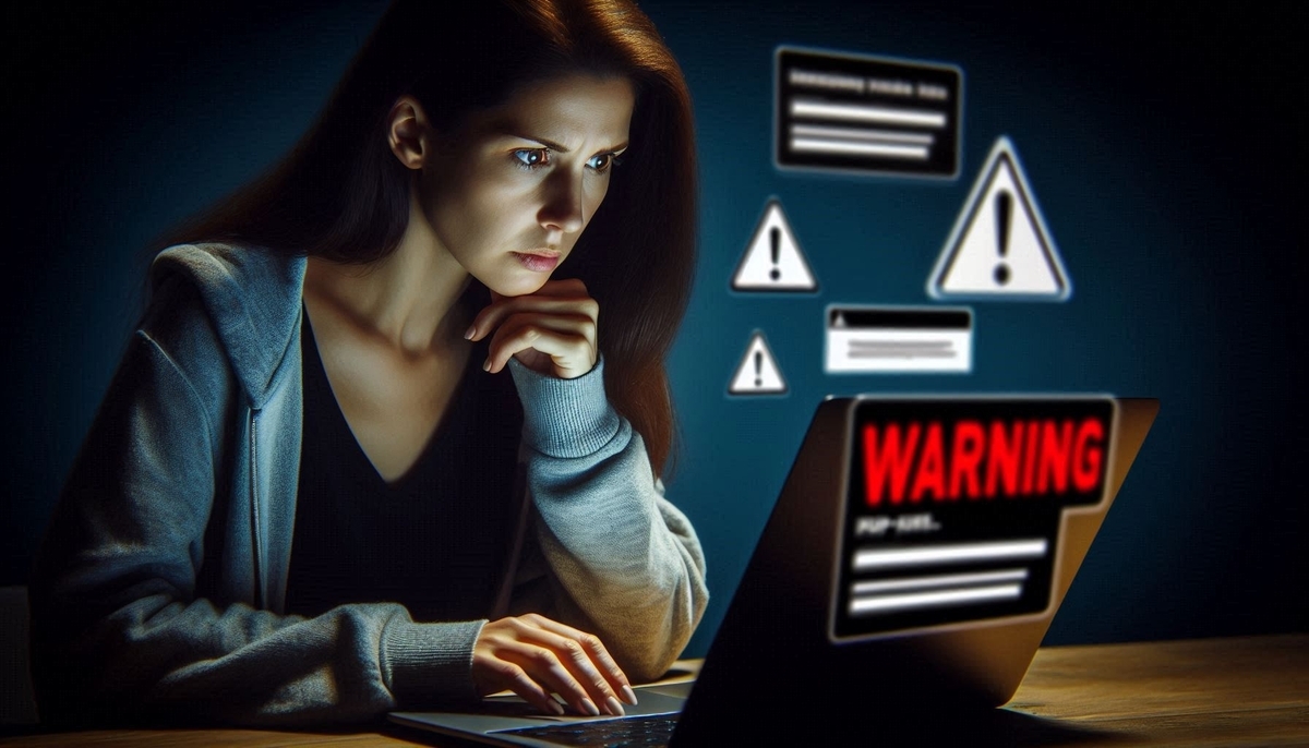 A serious woman staring at her laptop surrounded by floating warning icons — highlighting the danger of online scams and phishing alerts.