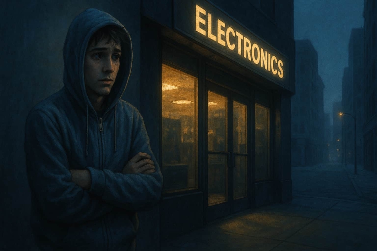A young man in a hoodie stands anxiously in front of a closed electronics store at dawn, unsure if he'll be able to get the new console. The dim glow from the store lights contrasts with the cold, empty street.