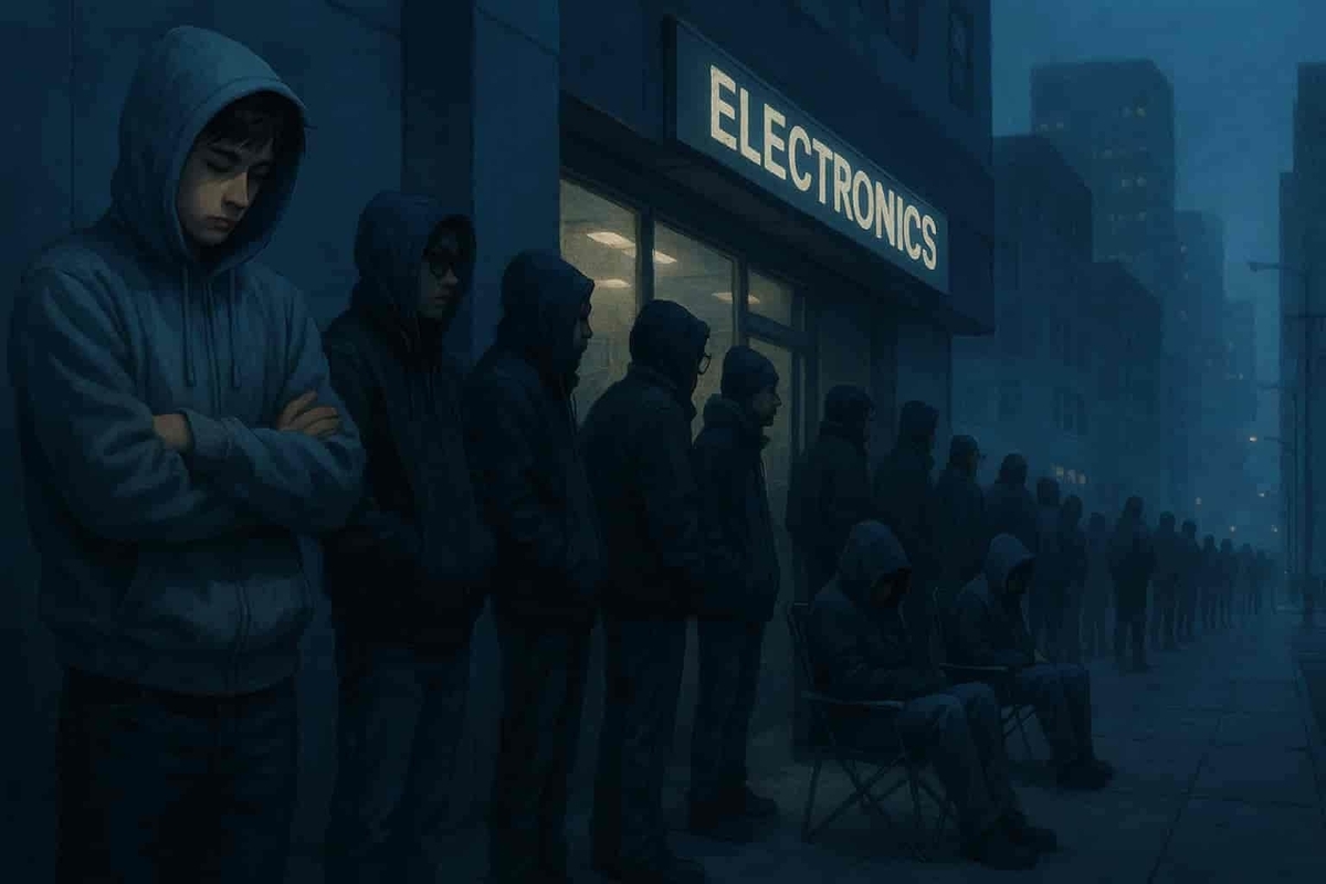 A long line of people waiting outside an electronics store before dawn, wearing hoodies and looking exhausted, some sitting on camping chairs. The cold, dark atmosphere captures the emotional struggle of gamers trying to secure the new console on launch day.