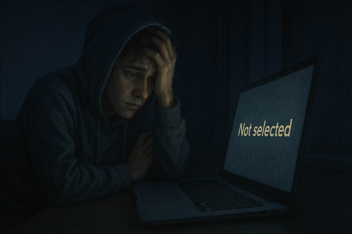 A frustrated young man in a hoodie stares at a laptop screen reading “Not selected”, alone in a dark room — capturing the disappointment of losing yet another product lottery.