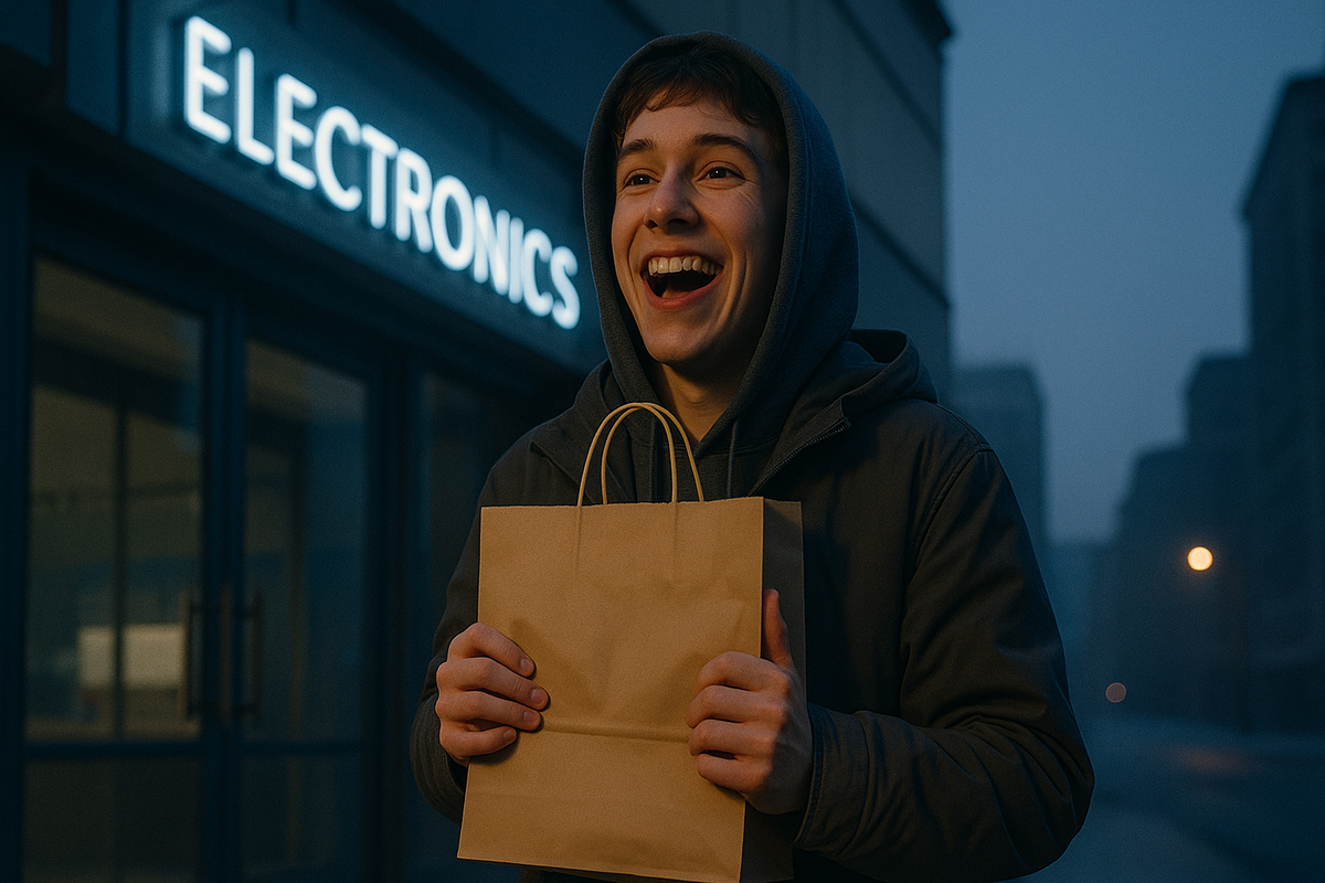 A joyful young man celebrating outside an electronics store with a paper shopping bag in hand, radiating excitement and triumph after securing a high-demand item against all odds.