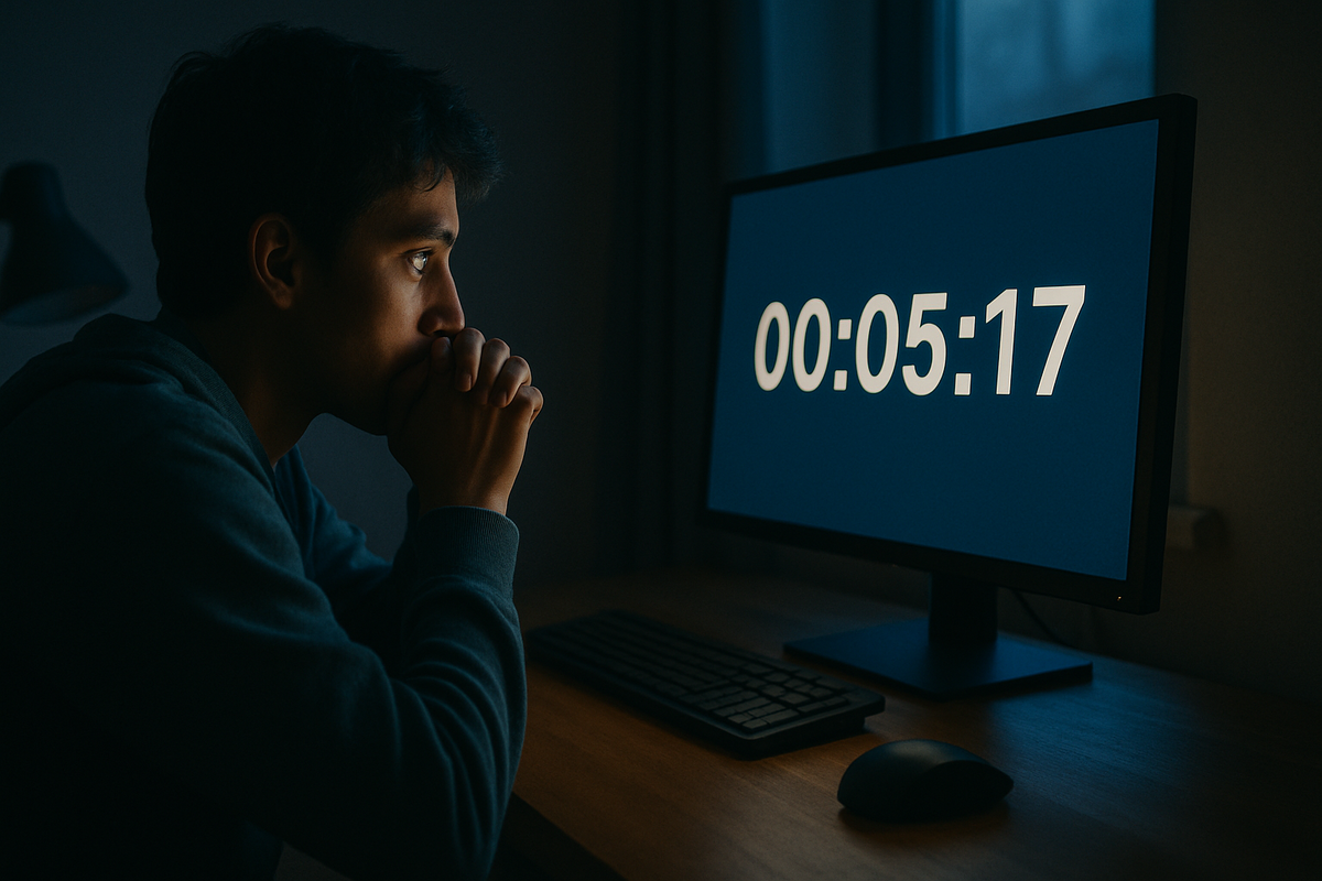 A man anxiously watching a countdown timer on a screen, just minutes before a critical moment.