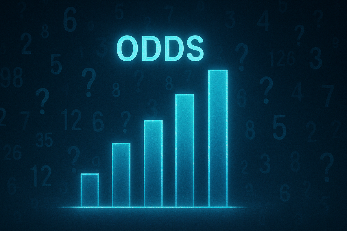 A glowing bar chart labeled 'ODDS' rising among question marks, symbolizing uncertainty and rising hope in a lottery draw.