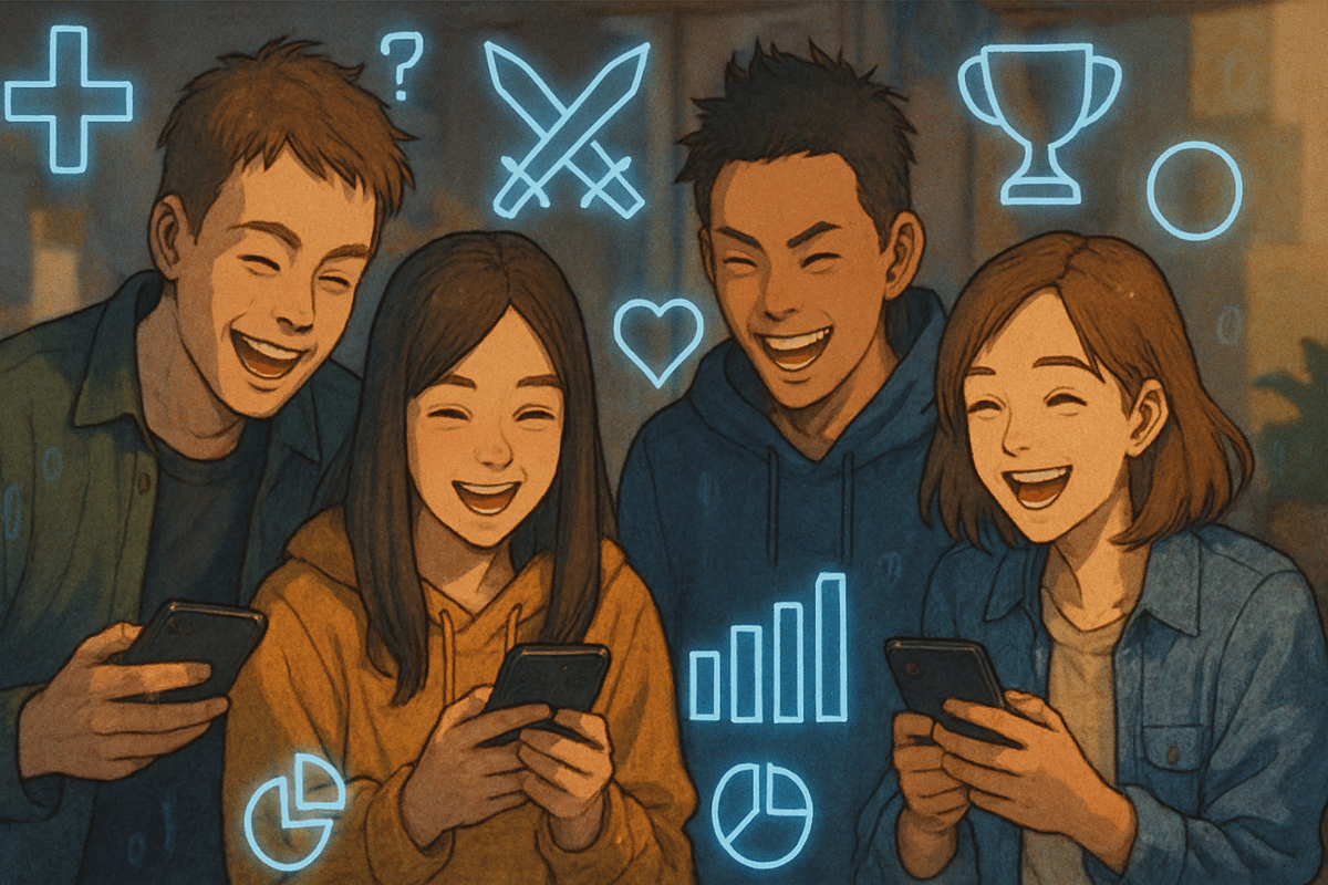 A group of smiling friends gathered around their smartphones, surrounded by glowing game icons and bar charts — celebrating their shared gaming victory or draw results.
