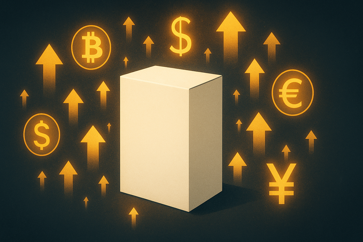 A brand-new game console at the center surrounded by glowing currency symbols and rising arrows, symbolizing rapidly increasing resale value.