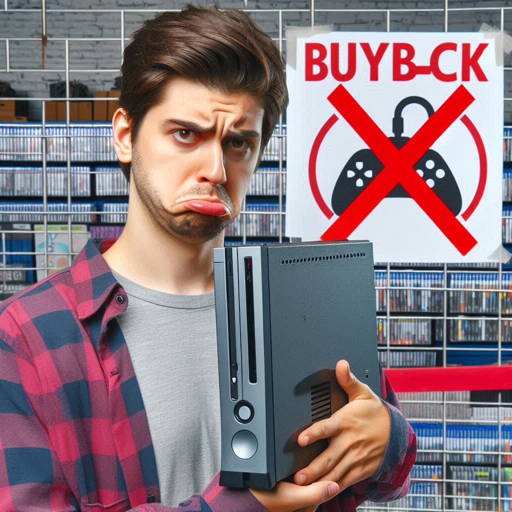 A disappointed man holding a game console with a large red X over a controller icon behind him, symbolizing rejected buyback at a game store.