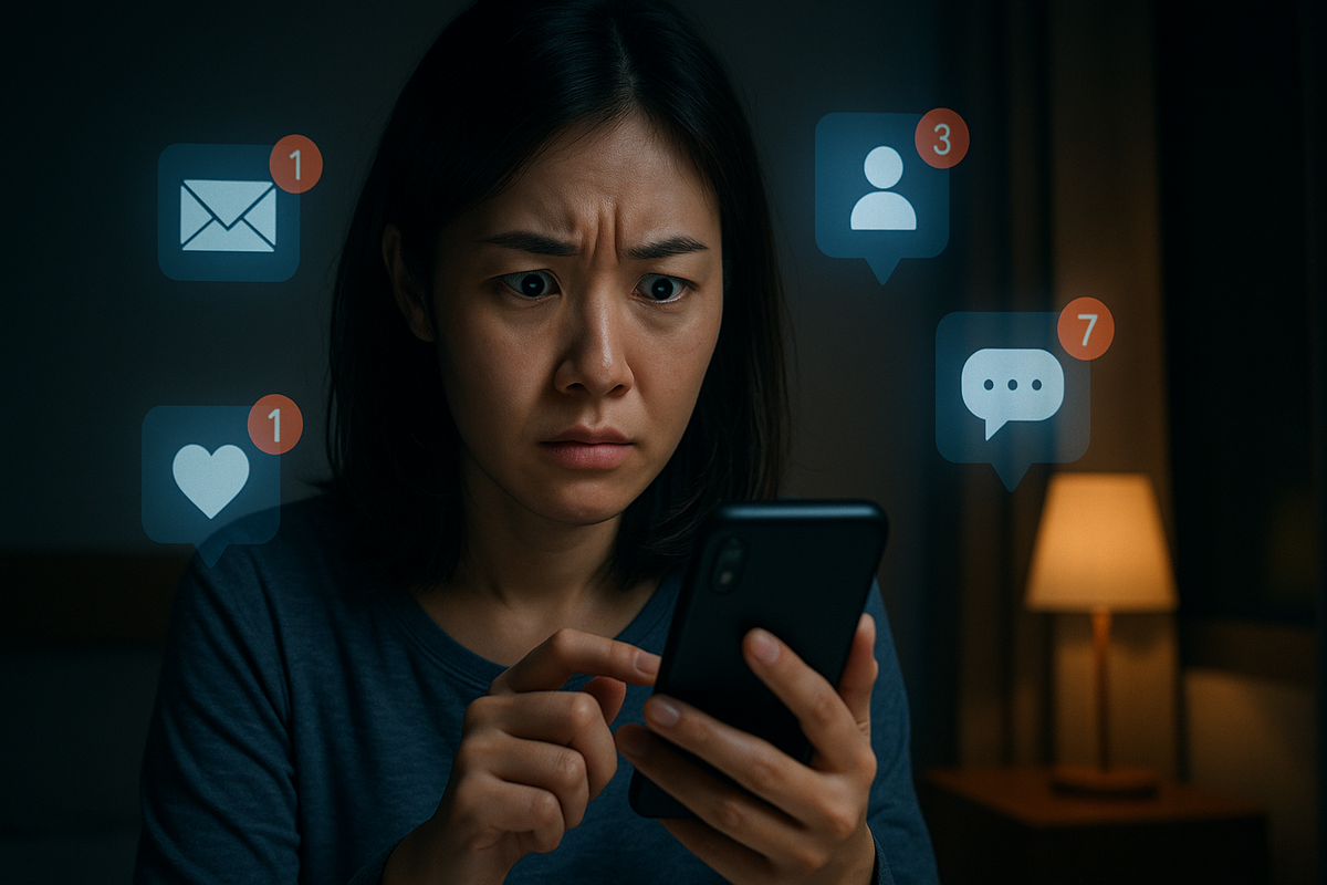 A worried woman intensely checking her smartphone, anxious about missing an important lottery email among multiple notifications at night